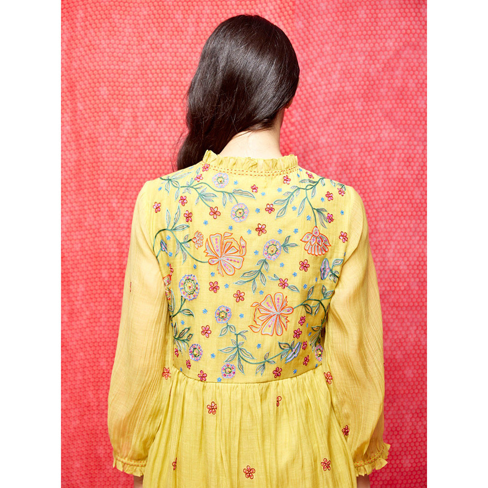 Swati Vijaivargie Rose Yellow Embroidered Round Hem Dress