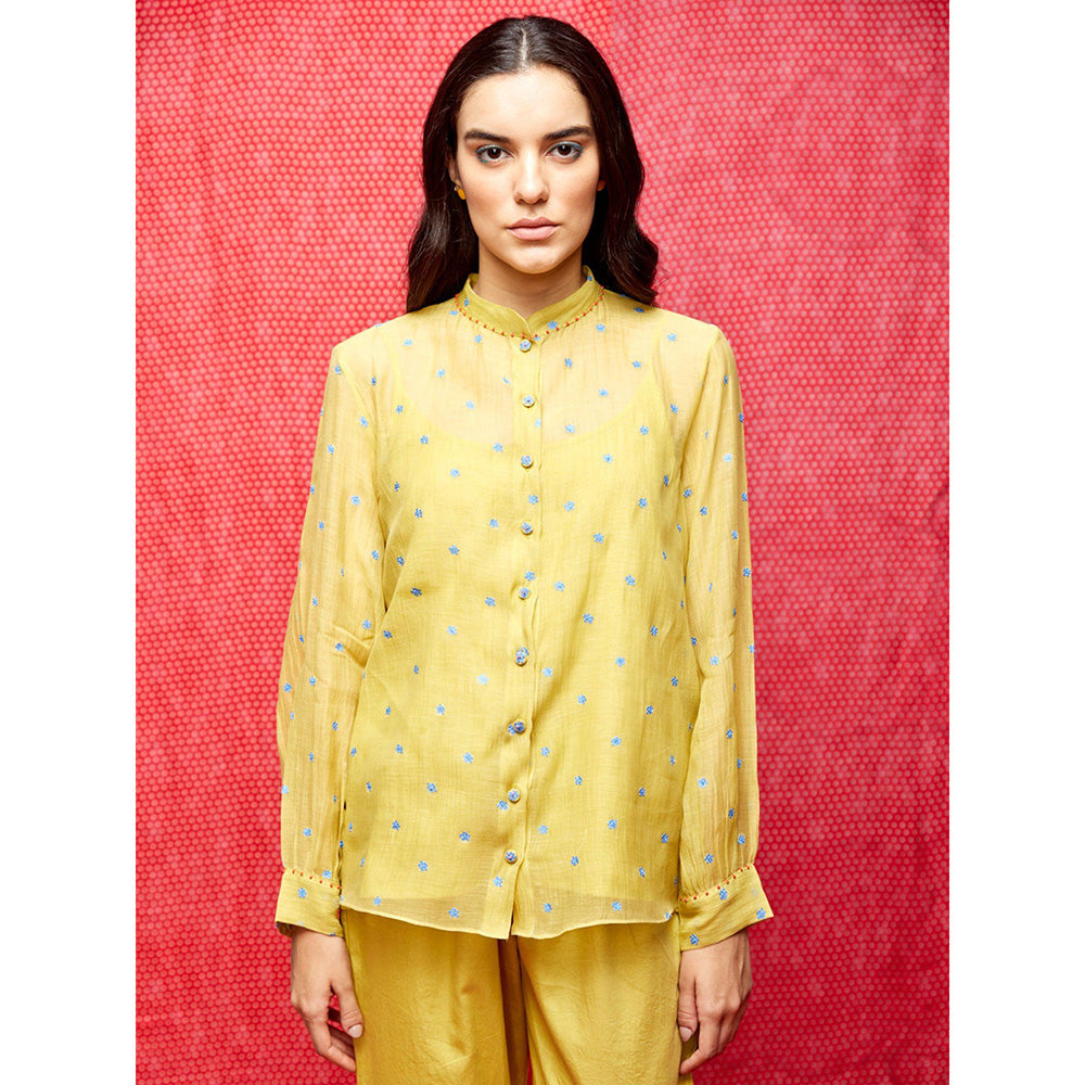Swati Vijaivargie Rose Yellow With Indigo Buti Embroidered Shirt