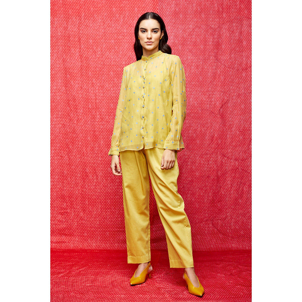 Swati Vijaivargie Rose Yellow With Indigo Buti Embroidered Shirt