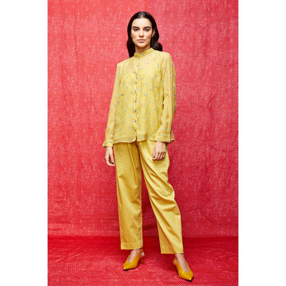 Swati Vijaivargie Rose Yellow With Indigo Buti Embroidered Shirt