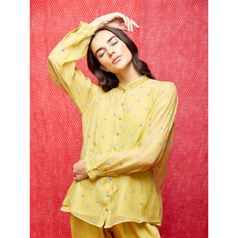 Swati Vijaivargie Rose Yellow With Indigo Buti Embroidered Shirt