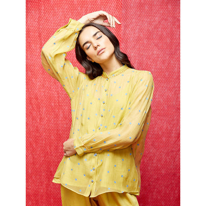 Swati Vijaivargie Rose Yellow With Indigo Buti Embroidered Shirt