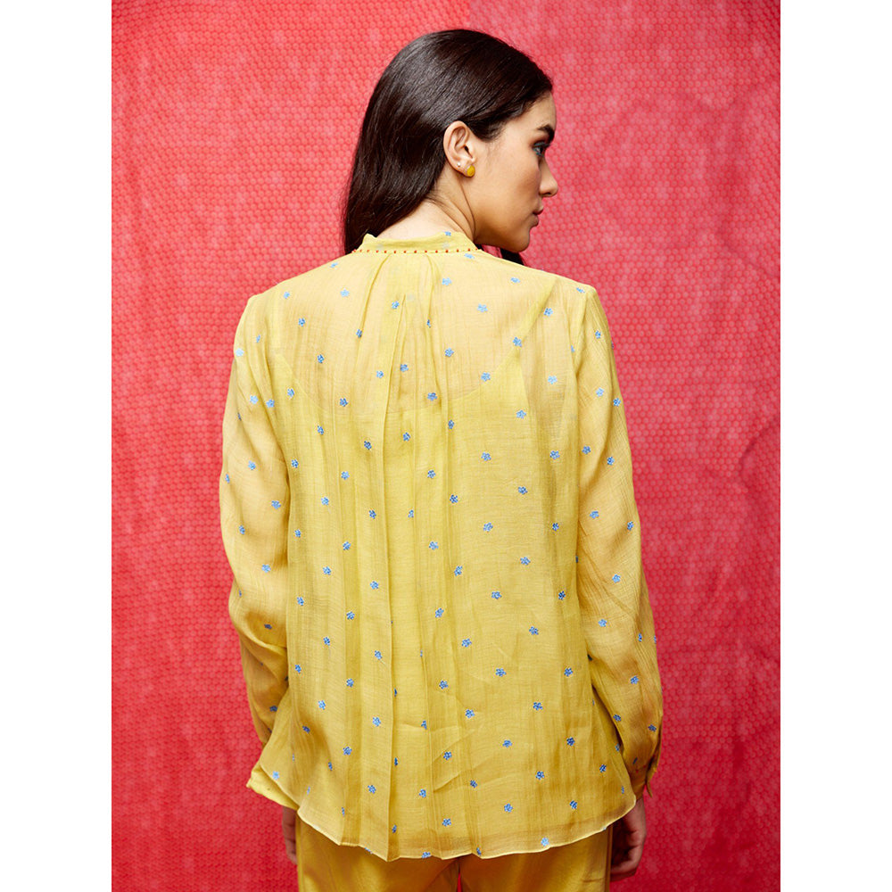 Swati Vijaivargie Rose Yellow With Indigo Buti Embroidered Shirt