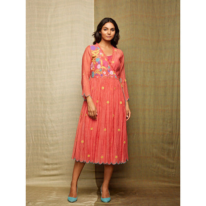 Swati Vijaivargie Rose Red Multi Applique Embroidered Wrap Dress With Slip (Set of 2)