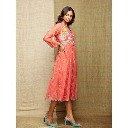 Swati Vijaivargie Rose Red Multi Applique Embroidered Wrap Dress With Slip (Set of 2)