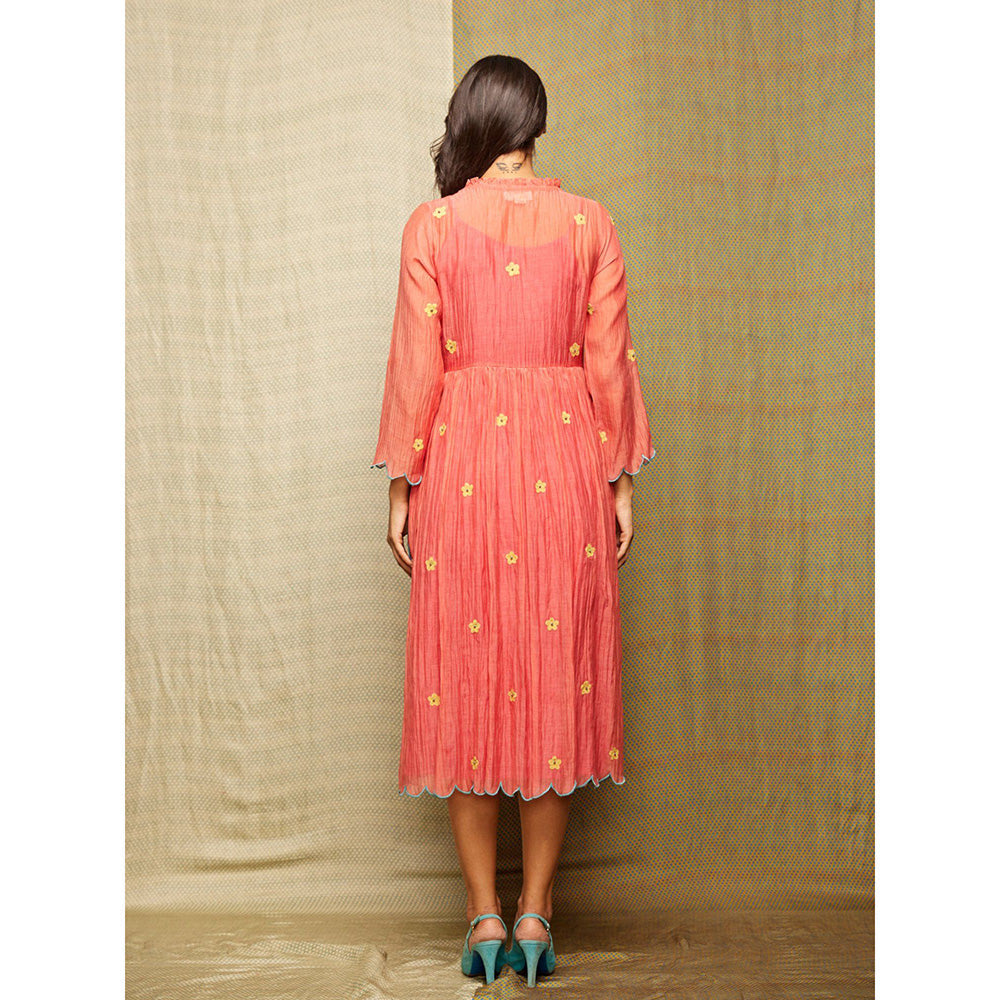 Swati Vijaivargie Rose Red Multi Applique Embroidered Wrap Dress With Slip (Set of 2)