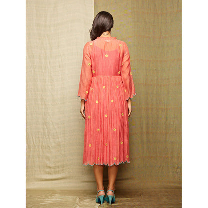 Swati Vijaivargie Rose Red Multi Applique Embroidered Wrap Dress With Slip (Set of 2)