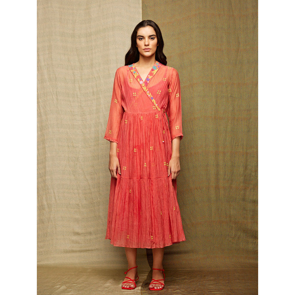 Swati Vijaivargie Rose Red Appliqued Wrap Dress with Slip (Set of 2)