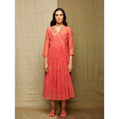 Swati Vijaivargie Rose Red Appliqued Wrap Dress with Slip (Set of 2)
