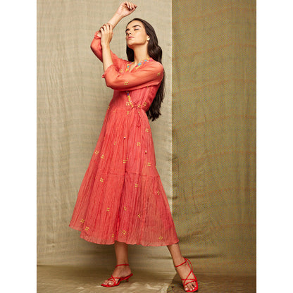 Swati Vijaivargie Rose Red Appliqued Wrap Dress with Slip (Set of 2)