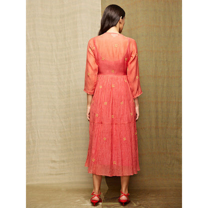 Swati Vijaivargie Rose Red Appliqued Wrap Dress with Slip (Set of 2)