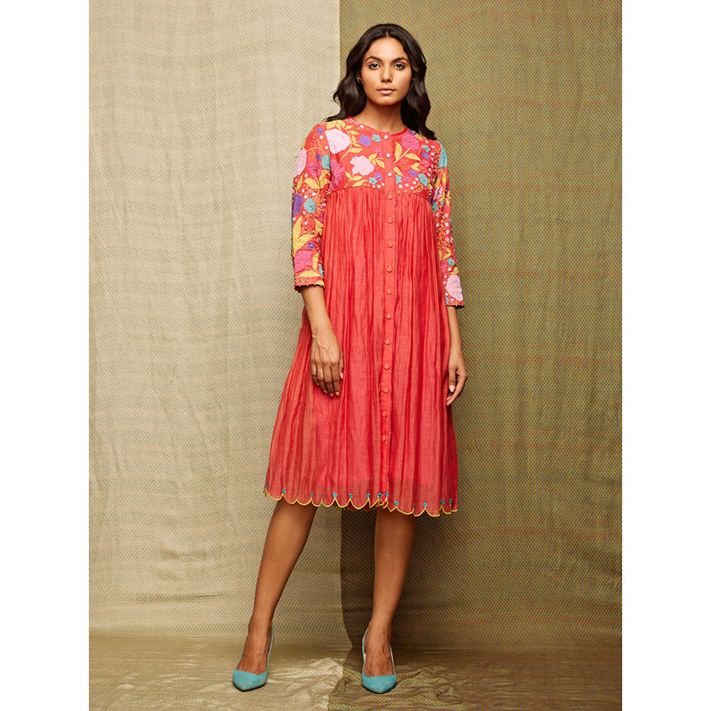 Swati Vijaivargie Rose Red Multi Applique Embroidered Dress With Slip (Set of 2)