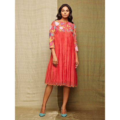Swati Vijaivargie Rose Red Multi Applique Embroidered Dress With Slip (Set of 2)