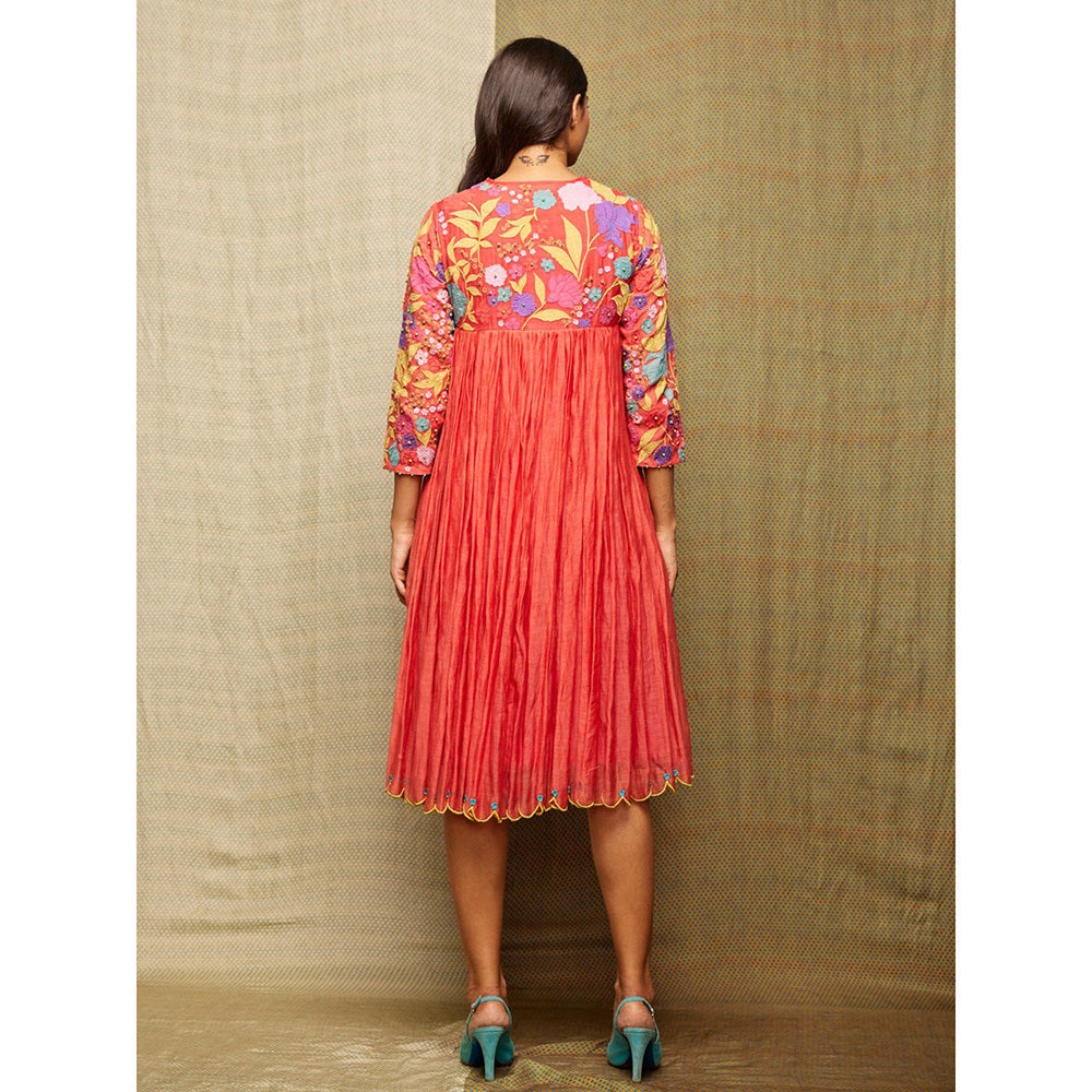 Swati Vijaivargie Rose Red Multi Applique Embroidered Dress With Slip (Set of 2)