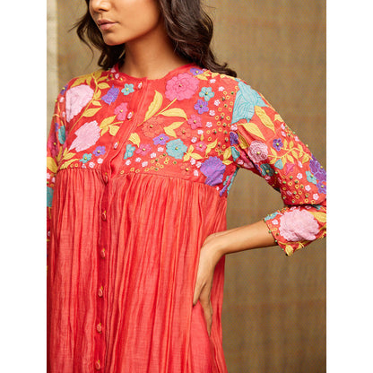 Swati Vijaivargie Rose Red Multi Applique Embroidered Dress With Slip (Set of 2)