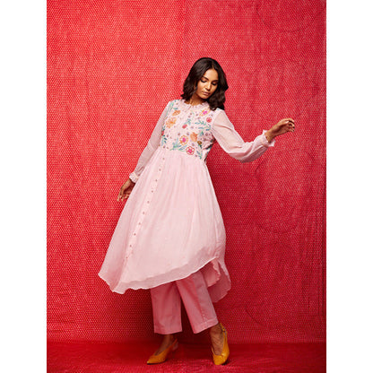 Swati Vijaivargie Rose Pink Embroidered Round Hem Kurta and Pant (Set of 2)