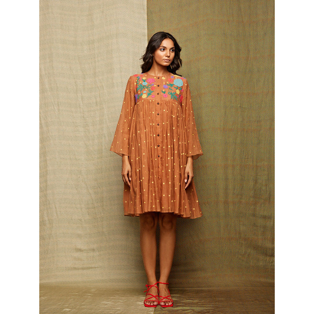 Swati Vijaivargie Rose Brown Applique Embroidered Dress