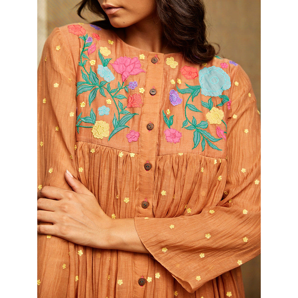 Swati Vijaivargie Rose Brown Applique Embroidered Dress