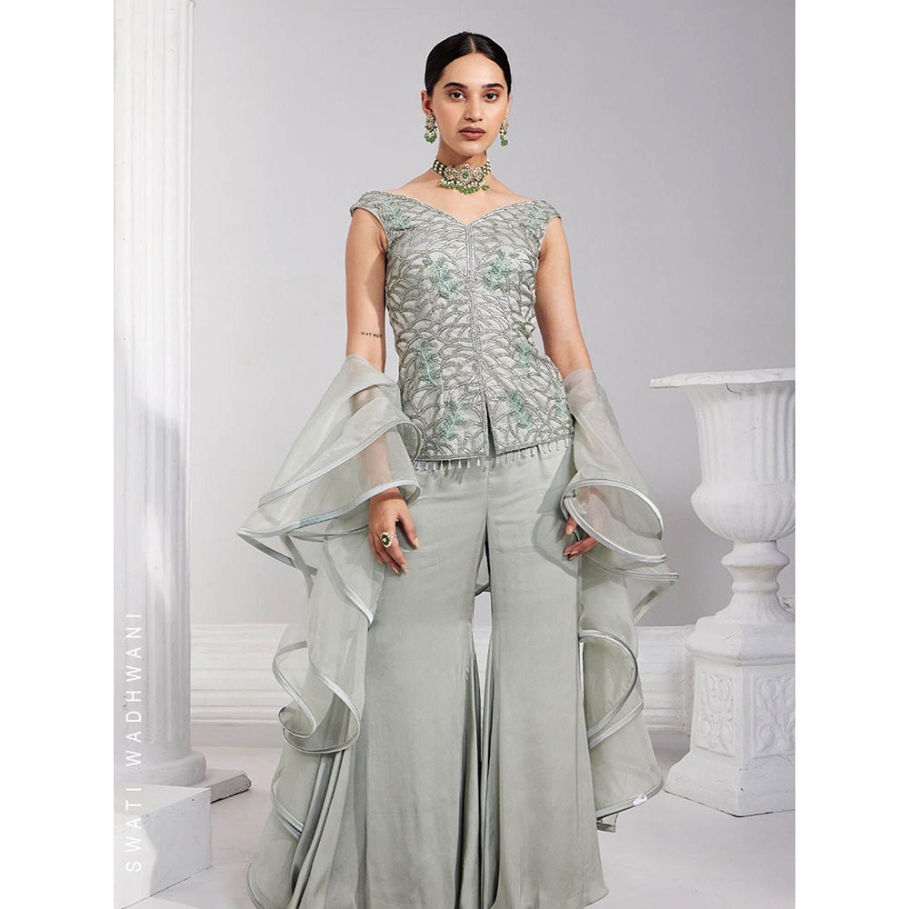 Swati Wadhwani Alyza Embellished Kurti with Palazzo and Ruffle Dupatta (Set of 3)