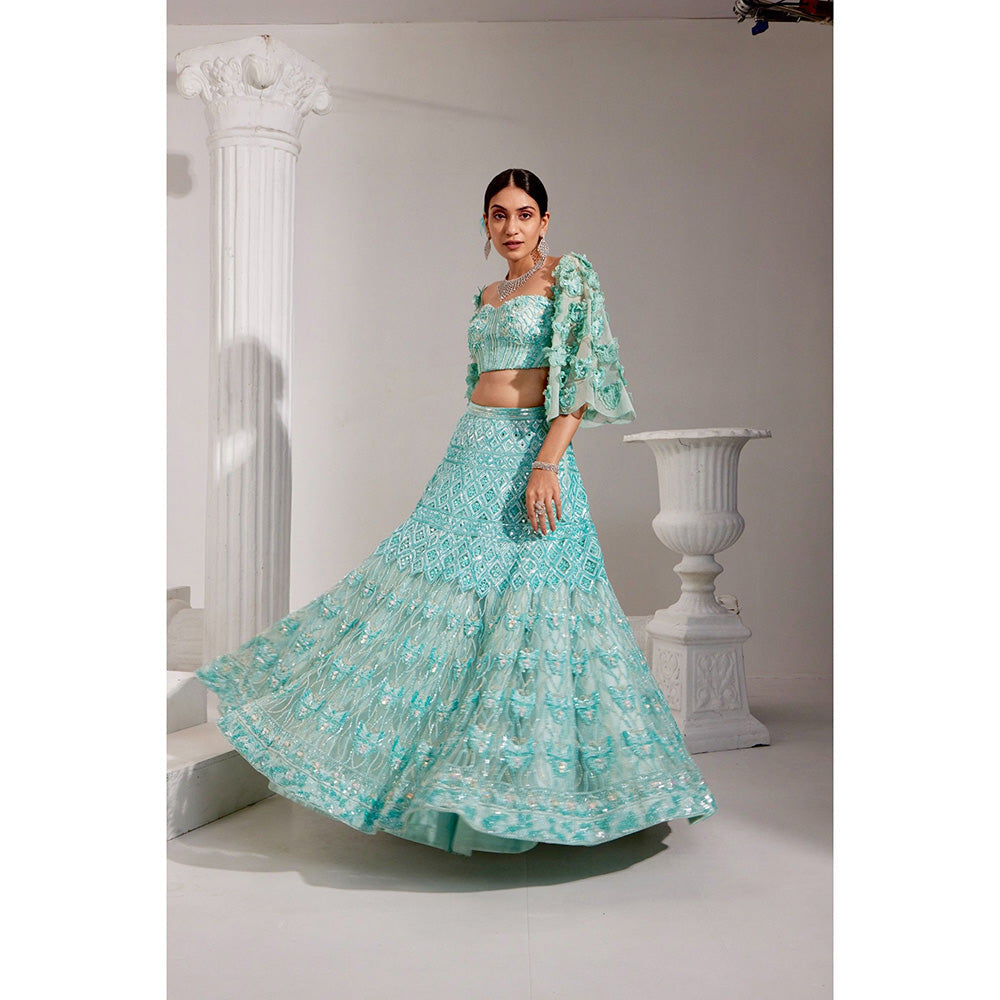 Swati Wadhwani Miraan Embellished Blouse with 3-D Sleeves and Lehenga (Set of 3)