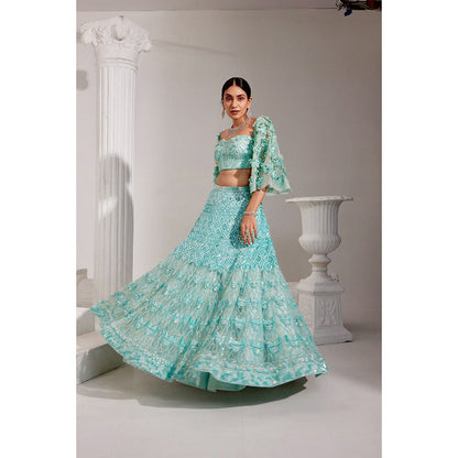 Swati Wadhwani Miraan Embellished Blouse with 3-D Sleeves and Lehenga (Set of 3)