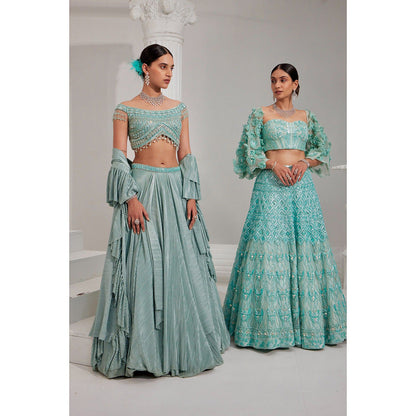 Swati Wadhwani Miraan Embellished Blouse with 3-D Sleeves and Lehenga (Set of 3)