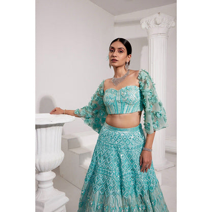 Swati Wadhwani Miraan Embellished Blouse with 3-D Sleeves and Lehenga (Set of 3)