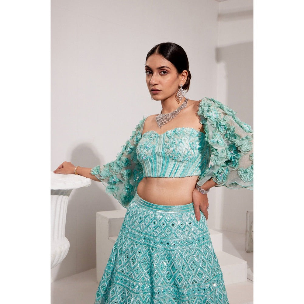 Swati Wadhwani Miraan Embellished Blouse with 3-D Sleeves and Lehenga (Set of 3)