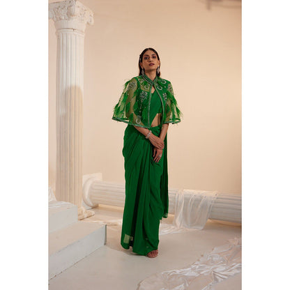 Swati Wadhwani Tahira Feather Cape with Pre Drape Saree and Stitched Blouse