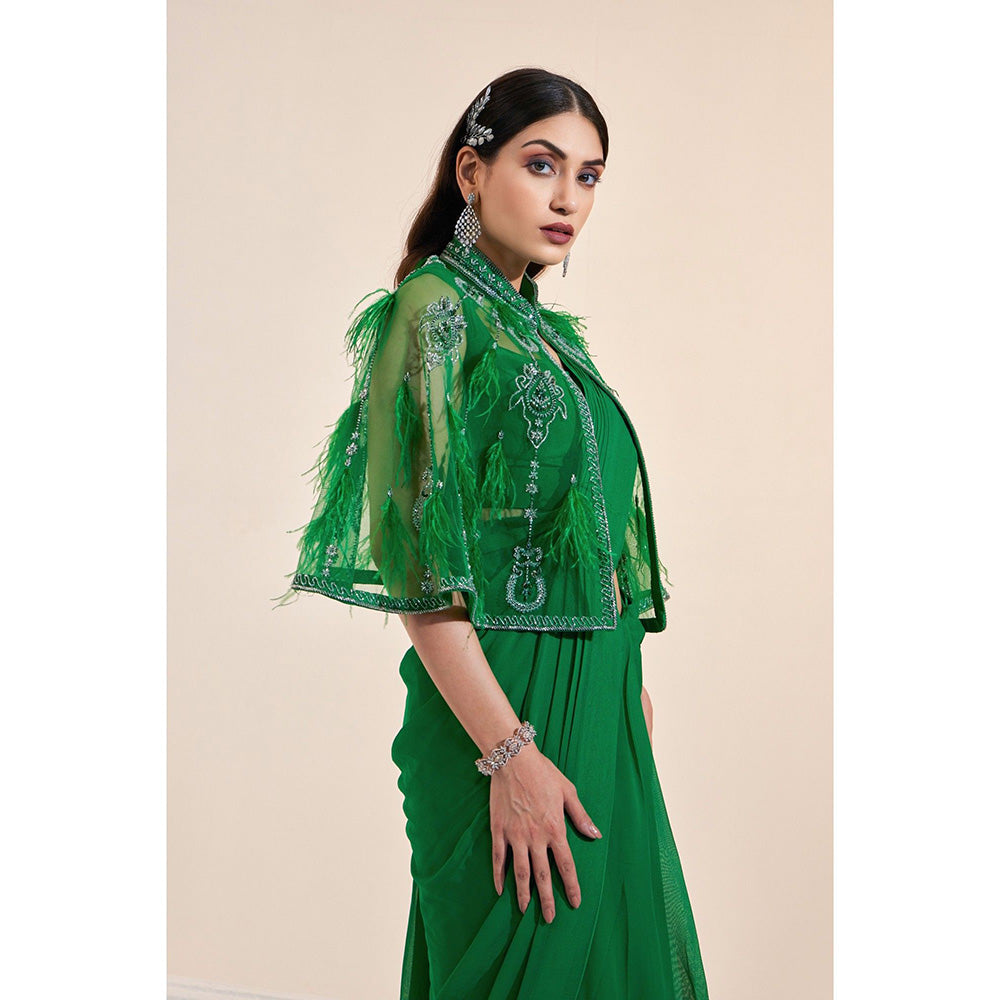 Swati Wadhwani Tahira Feather Cape with Pre Drape Saree and Stitched Blouse