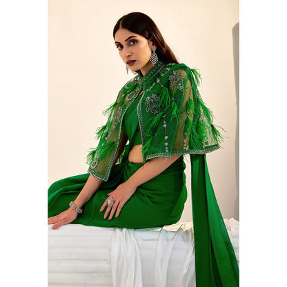 Swati Wadhwani Tahira Feather Cape with Pre Drape Saree and Stitched Blouse