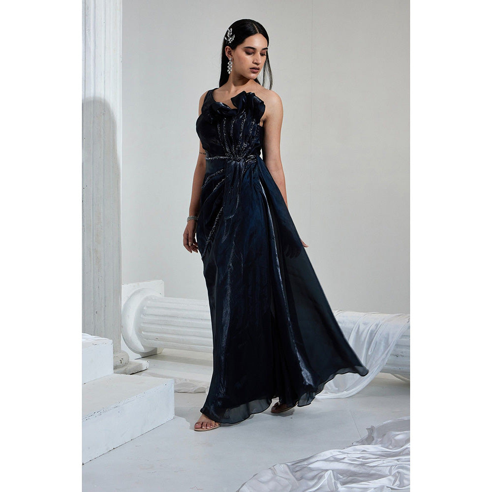 Swati Wadhwani Black Estelle Front Slit Embellished Evening Gown