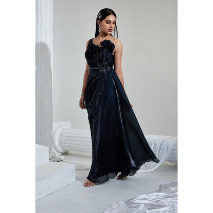 Swati Wadhwani Black Estelle Front Slit Embellished Evening Gown