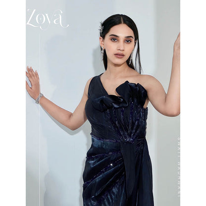 Swati Wadhwani Black Estelle Front Slit Embellished Evening Gown