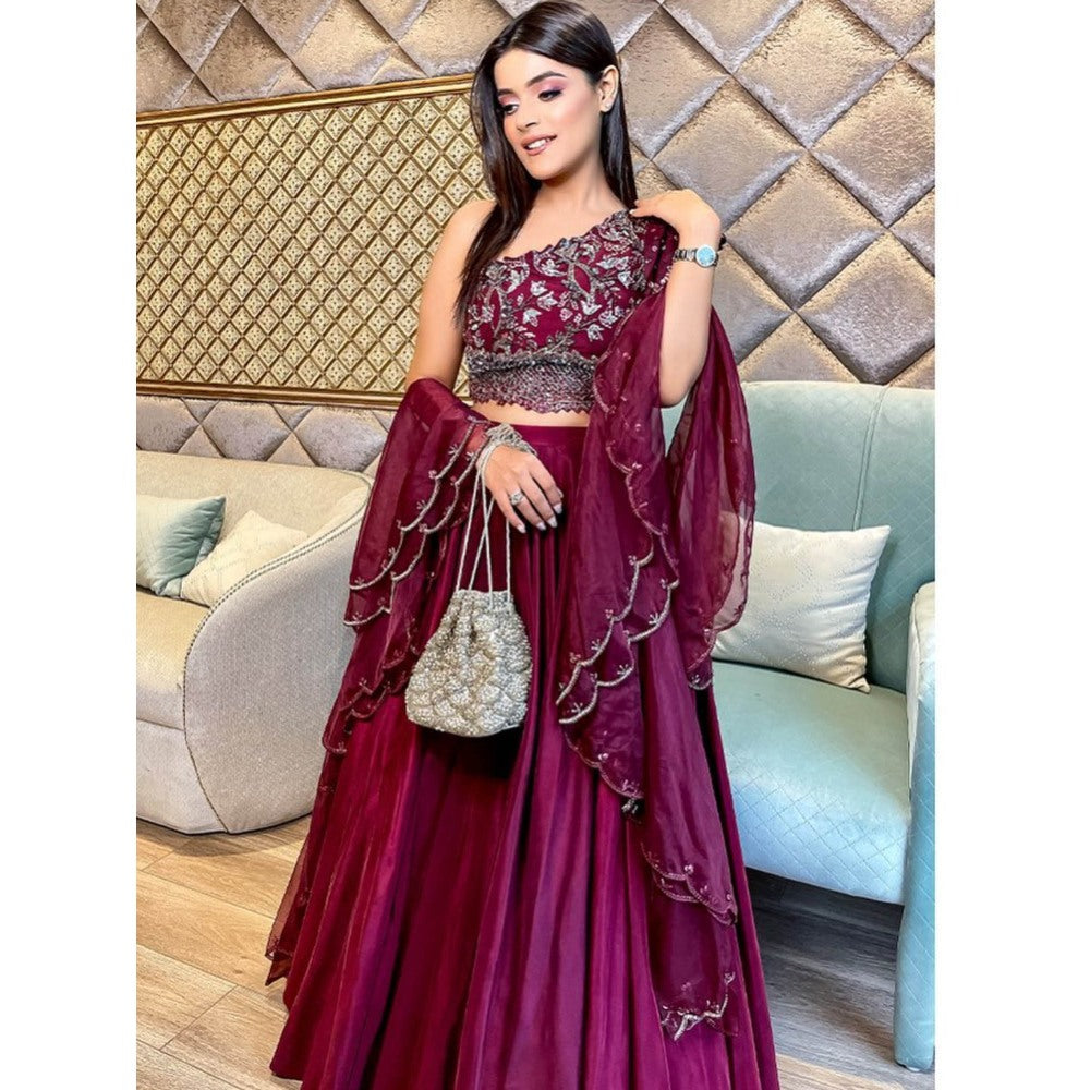 Swati Wadhwani Plum Wine Organza Blouse with Lehenga and Dupatta (Set of 3)