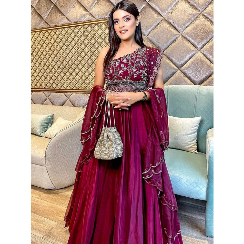Swati Wadhwani Plum Wine Organza Blouse with Lehenga and Dupatta (Set of 3)