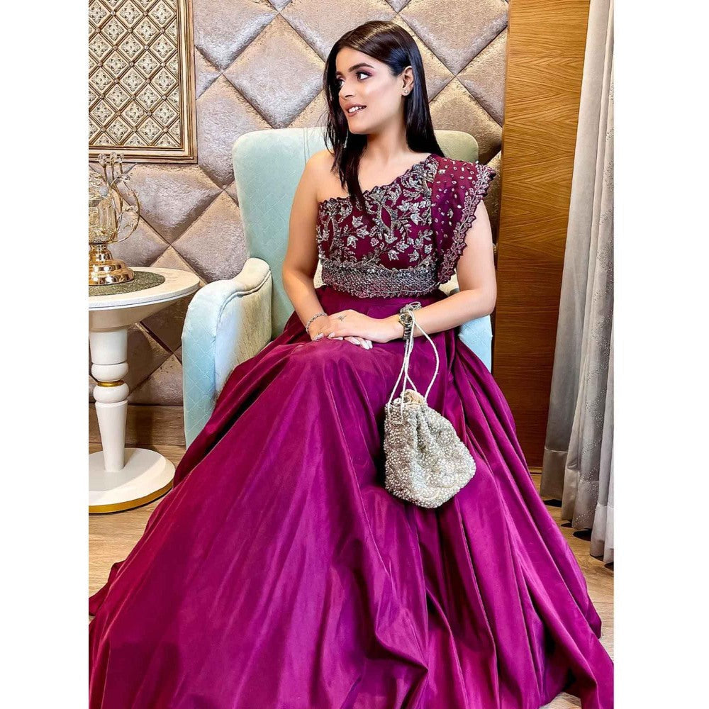Swati Wadhwani Plum Wine Organza Blouse with Lehenga and Dupatta (Set of 3)