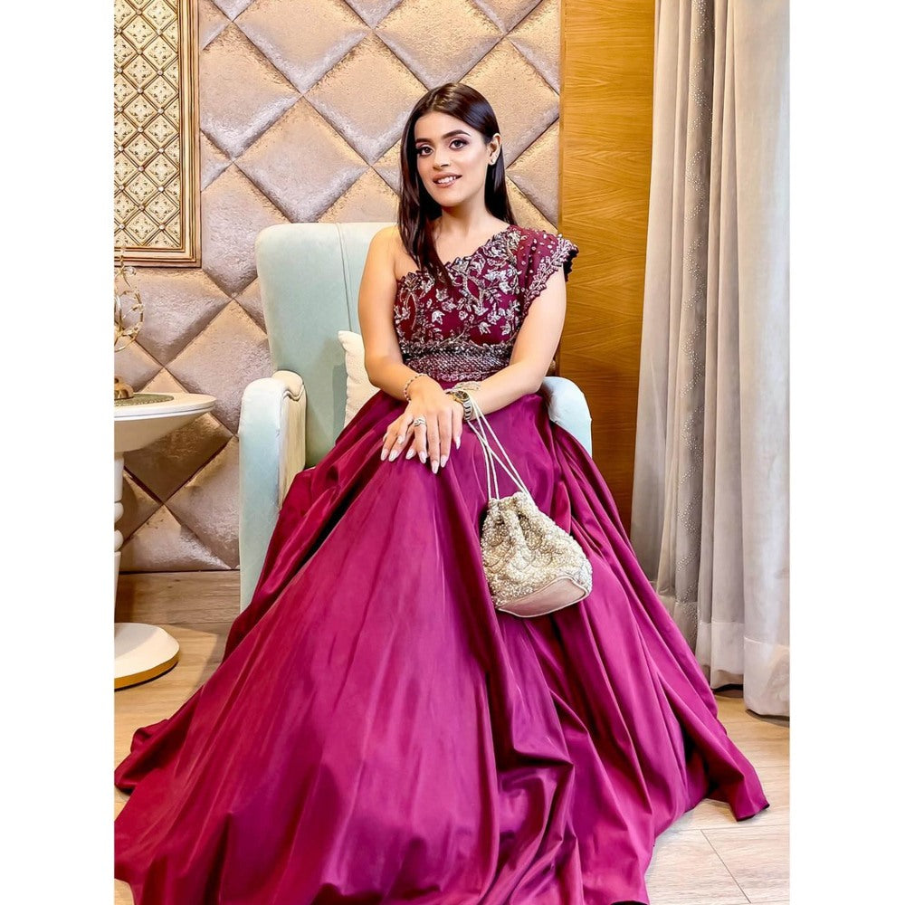 Swati Wadhwani Plum Wine Organza Blouse with Lehenga and Dupatta (Set of 3)