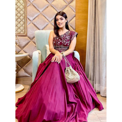 Swati Wadhwani Plum Wine Organza Blouse with Lehenga and Dupatta (Set of 3)