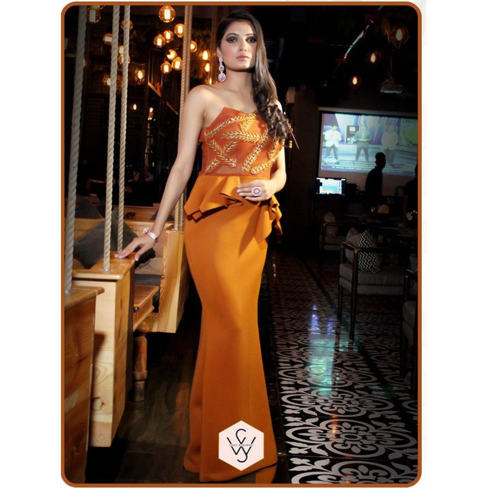 Swati Wadhwani Tan Fitted Embellished Strapless Tube Evening Gown