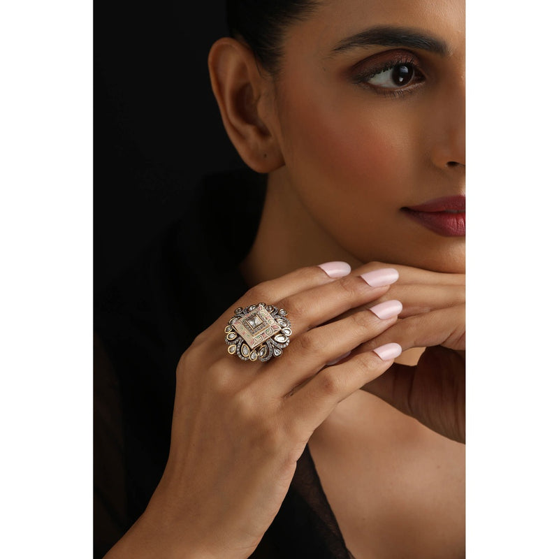 SWABHIMANN White Meena Polki Adjustable Ring