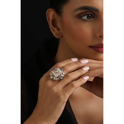 SWABHIMANN White Meena Polki Adjustable Ring