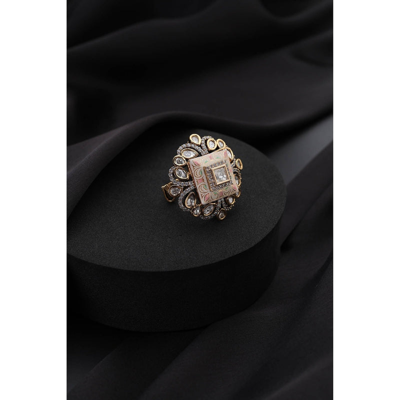 SWABHIMANN White Meena Polki Adjustable Ring