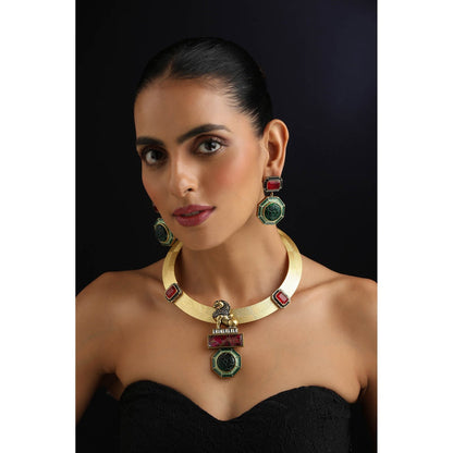 SWABHIMANN Emerald and Ruby Hasli Multi-Color Necklace with Earrings