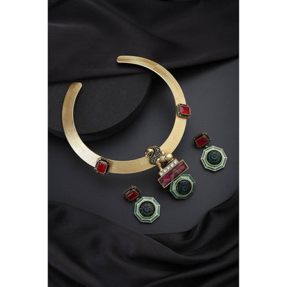 SWABHIMANN Emerald and Ruby Hasli Multi-Color Necklace with Earrings