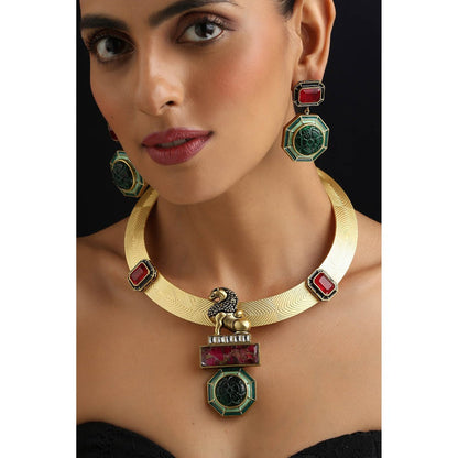 SWABHIMANN Emerald and Ruby Hasli Multi-Color Necklace with Earrings
