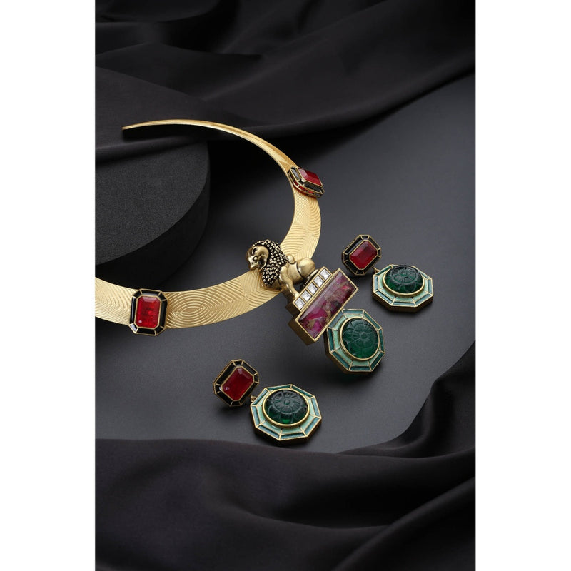 SWABHIMANN Emerald and Ruby Hasli Multi-Color Necklace with Earrings