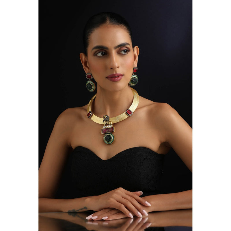 SWABHIMANN Emerald and Ruby Hasli Multi-Color Necklace with Earrings