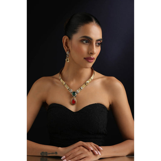 SWABHIMANN Emerald and Ruby Hasli Multi-Color Necklace with Earrings