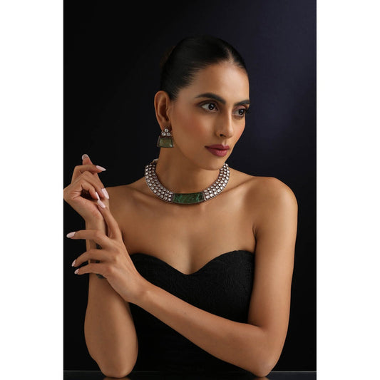 SWABHIMANN Mint Green Polki Hasli Necklace with Earrings